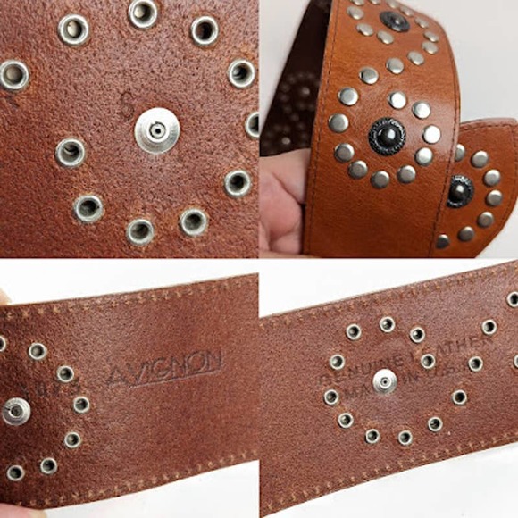 Vintage Avignon Made in USA Wide Leather Hip Belt Studded Brown Size Small main image 4